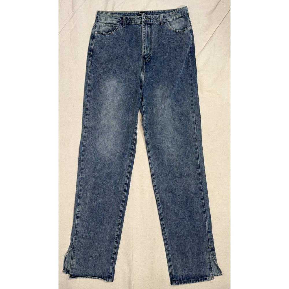 Pretty Little Thing Split Hem Straight Leg Jeans Women's Size 12 Tall Blue Denim